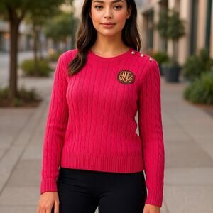 Lauren Ralph Lauren Women's Sweater XXL Red Cable Knit Button Trim Bullion Patch